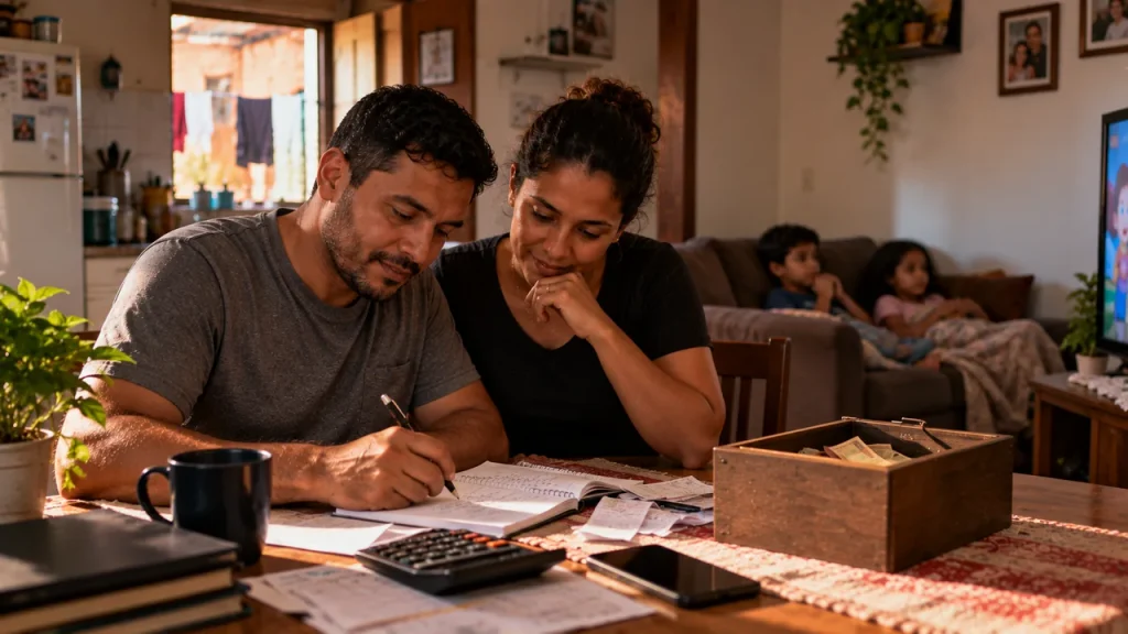 Como Proteger Seu Dinheiro Antes da Eleição de Outubro (Seja Qual For o Resultado) Casal organizando as contas da casa à mesa, anotando gastos num caderno ao lado de uma caixa de madeira com dinheiro guardado, enquanto os filhos assistem TV ao fundo — representando a construção da reserva de emergência antes de qualquer outra decisão financeira.