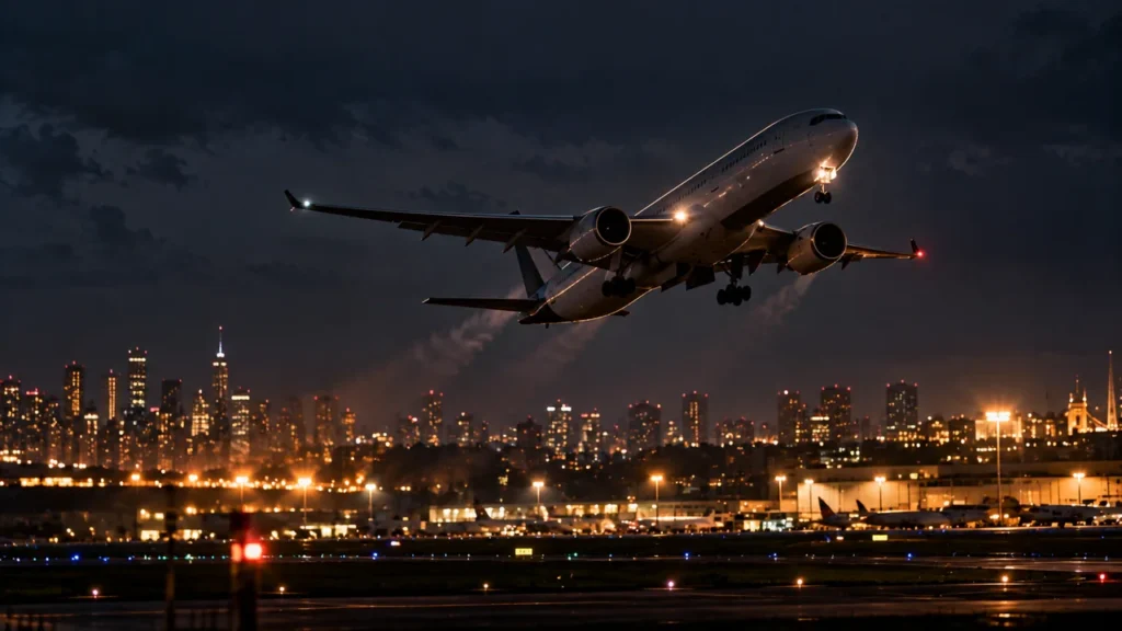 Avião decolando à noite com o horizonte iluminado da cidade ao fundo, simbolizando a saída de capital estrangeiro do país