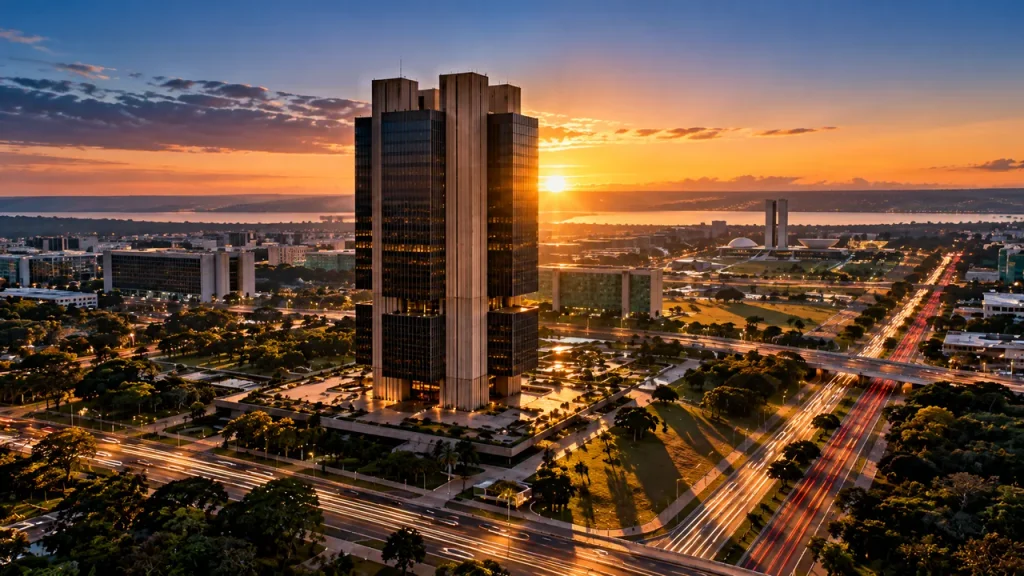 Fundos Imobiliários Valem a Pena? O Que 10 Anos Revelam Vista aérea do edifício-sede do Banco Central em Brasília ao amanhecer, com rastros de luz dos carros nas avenidas ao redor.