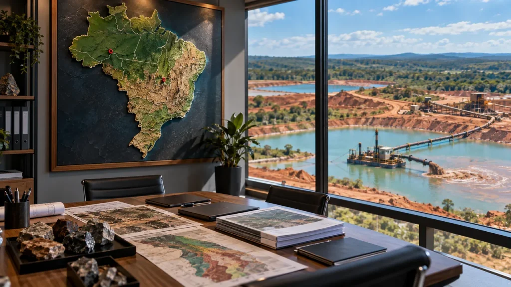 Terras Raras: Por Que a China Domina o Mercado (e o Brasil Entrou na Disputa) Sala de operações com mapa do Brasil na parede e vista para mineração de terras raras em Goiás