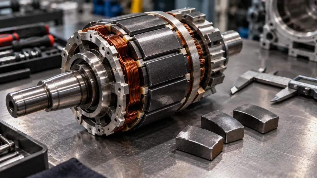 Terras Raras: Por Que a China Domina o Mercado (e o Brasil Entrou na Disputa) Rotor de motor elétrico desmontado mostrando ímãs de terras raras instalados e peças soltas ao lado