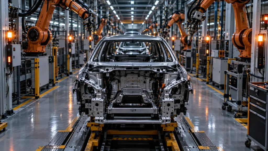 Terras Raras: Por Que a China Domina o Mercado (e o Brasil Entrou na Disputa) Linha de montagem automotiva parada com braços robóticos imóveis por falta de ímãs de terras raras