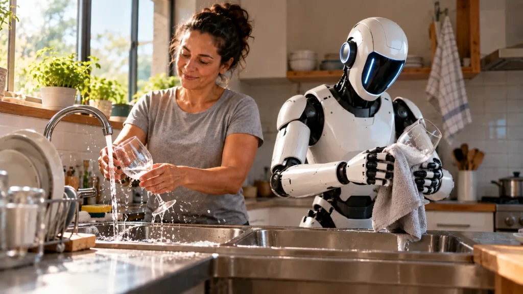 Treinar Robôs Dá Dinheiro? Como Ganhar Renda Extra com IA Mulher lavando uma taça de vidro na pia da cozinha enquanto um robô humanoide ao lado tenta repetir a tarefa, mostrando como as máquinas aprendem observando pessoas.