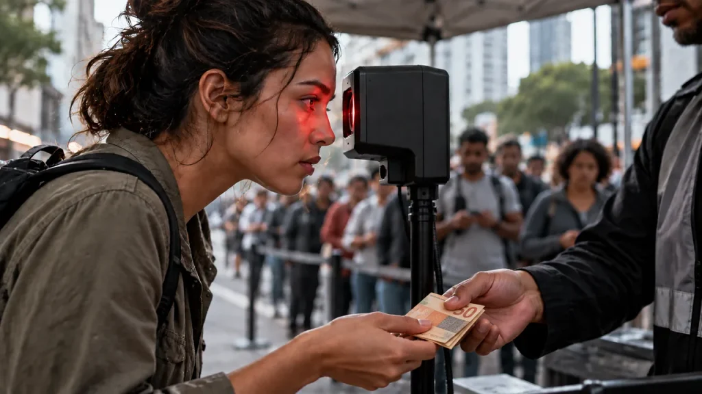 Treinar Robôs Dá Dinheiro? Como Ganhar Renda Extra com IA Jovem aproxima o olho de um leitor biométrico de íris num estande de rua enquanto recebe dinheiro de um atendente, com uma fila de pessoas esperando ao fundo.