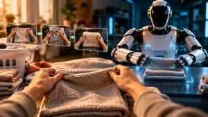 Pessoa dobrando uma toalha em primeiro plano enquanto, ao lado, um robô humanoide imita o mesmo movimento, com quadros mostrando a sequência dos gestos humanos que a máquina está aprendendo.