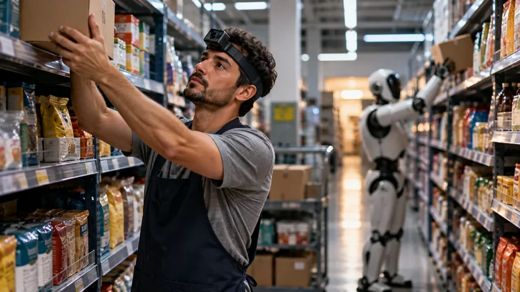 Treinar Robôs Dá Dinheiro? Como Ganhar Renda Extra com IA Repositor de supermercado com uma câmera presa na testa gravando o próprio trabalho enquanto, no fundo do corredor, um robô humanoide executa a mesma tarefa nas prateleiras.