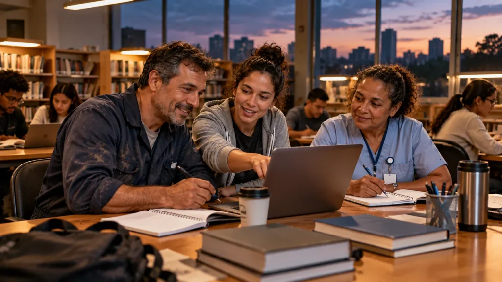 Treinar Robôs Dá Dinheiro? Como Ganhar Renda Extra com IA Mecânico de macacão, uma jovem e uma enfermeira estudam juntos no notebook numa biblioteca pública ao anoitecer, mostrando trabalhadores se adaptando e aprendendo novas habilidades.
