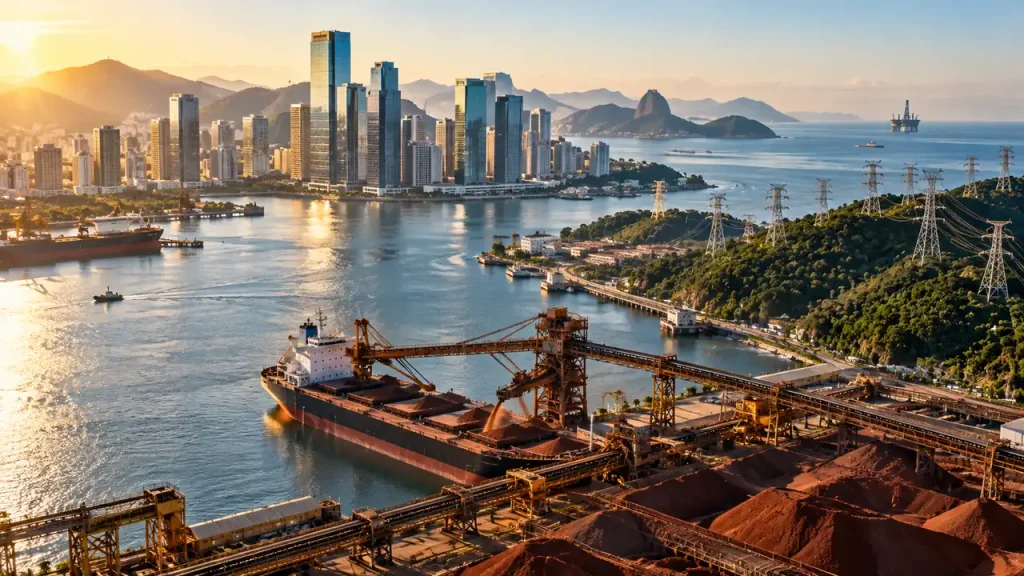 Como Investir no Ibovespa: Veja Quanto Custa e Como Começar Vista aérea de baía com navio carregando minério de ferro, torres corporativas, linhas de transmissão de energia e plataforma de petróleo ao fundo