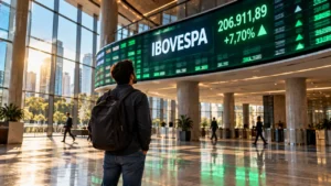 Homem de mochila observa painel de LED com a palavra Ibovespa e cotações em alta no saguão de um prédio do mercado financeiro