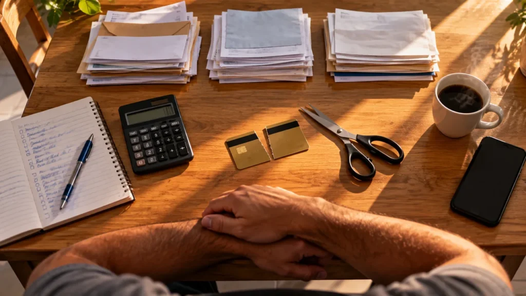 Cartão de crédito cortado ao meio sobre a mesa, ao lado de uma tesoura, contas organizadas em pilhas, caderno com plano e café.