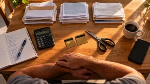Cartão de crédito cortado ao meio sobre a mesa, ao lado de uma tesoura, contas organizadas em pilhas, caderno com plano e café.