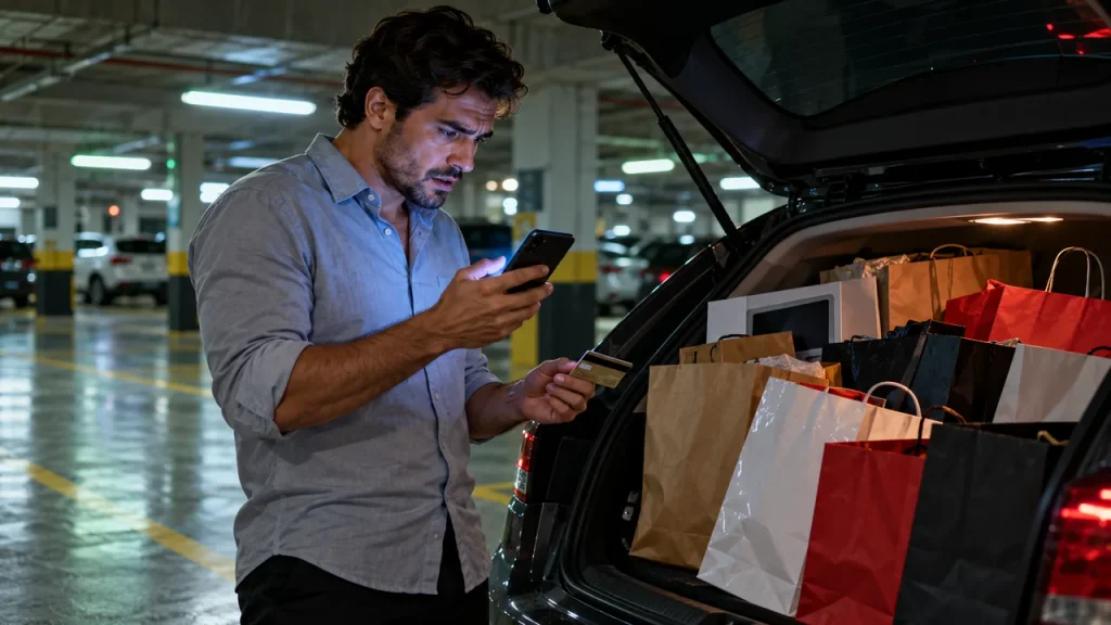Homem preocupado olha a fatura no celular ao lado do porta-malas lotado de sacolas de compras, num estacionamento de shopping.