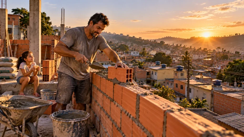 Homem assenta tijolos para ampliar a própria casa ao nascer do sol, observado pela filha, num bairro brasileiro.