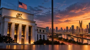 Prédio do Federal Reserve, em Washington, ao lado da vista de São Paulo com a Ponte Estaiada ao entardecer, representando o efeito dos juros dos Estados Unidos no Brasil.