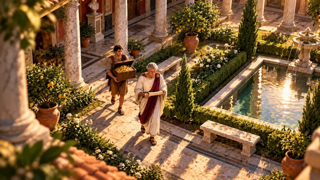 Sêneca e o Dinheiro: o Filósofo Rico que Pregava Desapego Filósofo romano caminha lendo um papiro num jardim de colunas, seguido por um criado que carrega um baú de ouro.