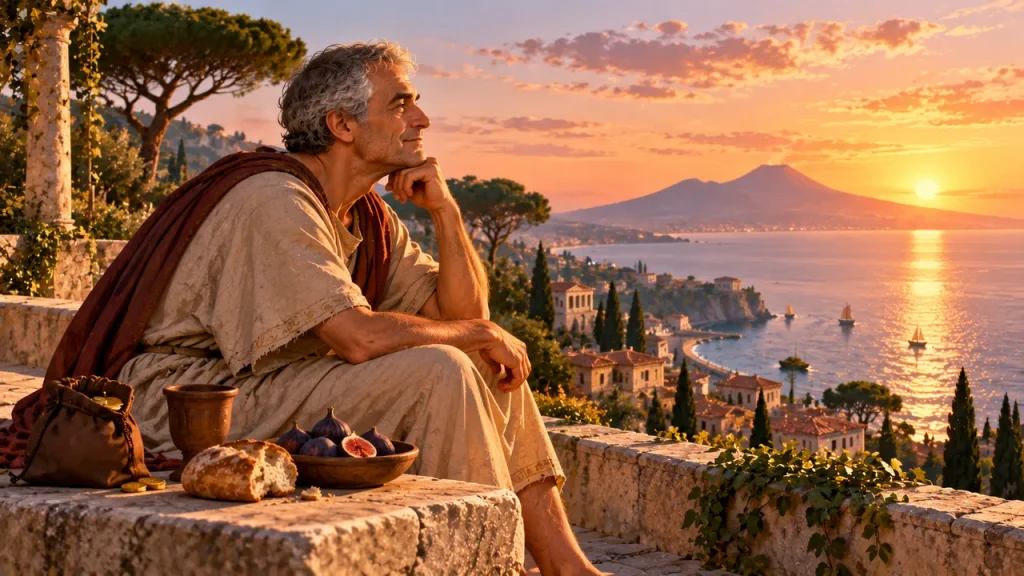 Sêneca e o Dinheiro: o Filósofo Rico que Pregava Desapego Filósofo romano contempla o mar ao pôr do sol num terraço, com pão, figos e uma pequena bolsa de moedas ao lado.